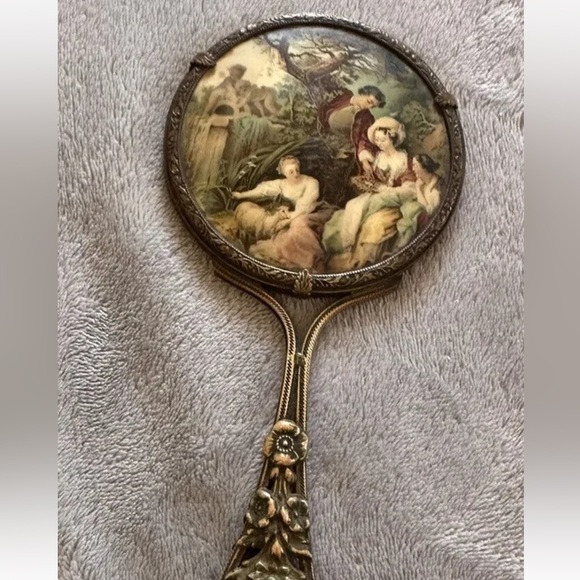 Vintage or Antique Victorian Portrait Art Gold-Tone Hand Mirror - Some Crazing - Picture 2 of 10